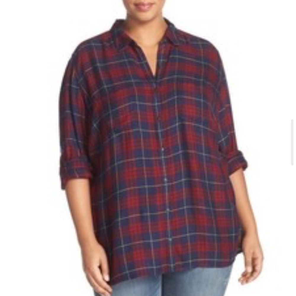 NORDSTROM CASLON Plaid Long Sleeve Shirt BLUE RED BUTTON DOWN FLANNEL SZ XL NWT